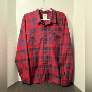 LEVI"S RED/NAVY PLAID LONG SLEEVE WOVEN BUTTON DOWN SHIRT MENS X-LARGE